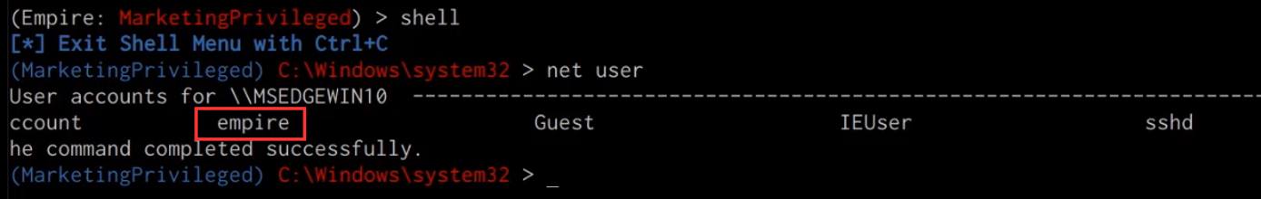 Empire client creating local accounts shell net user command