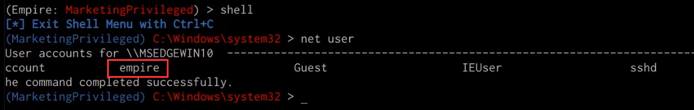 Empire client creating local accounts shell net user command